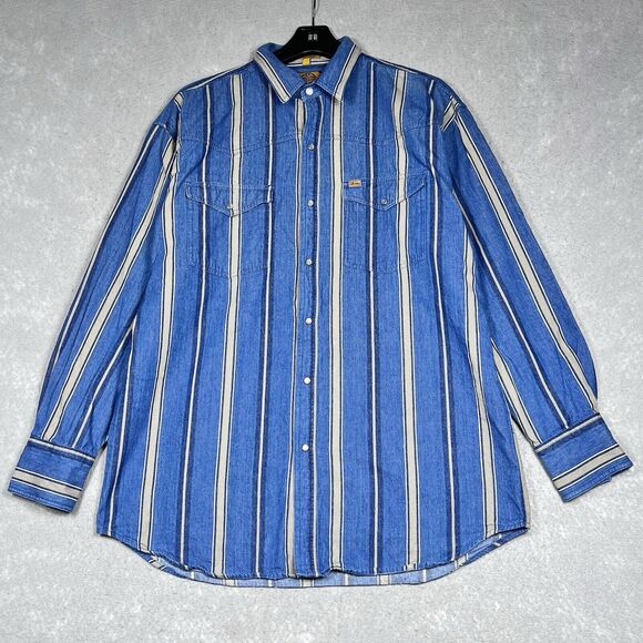 Justin Shirt Men’s Large Blue Striped Pearl Snap Western Workwear Long Sleeve - Picture 1 of 14
